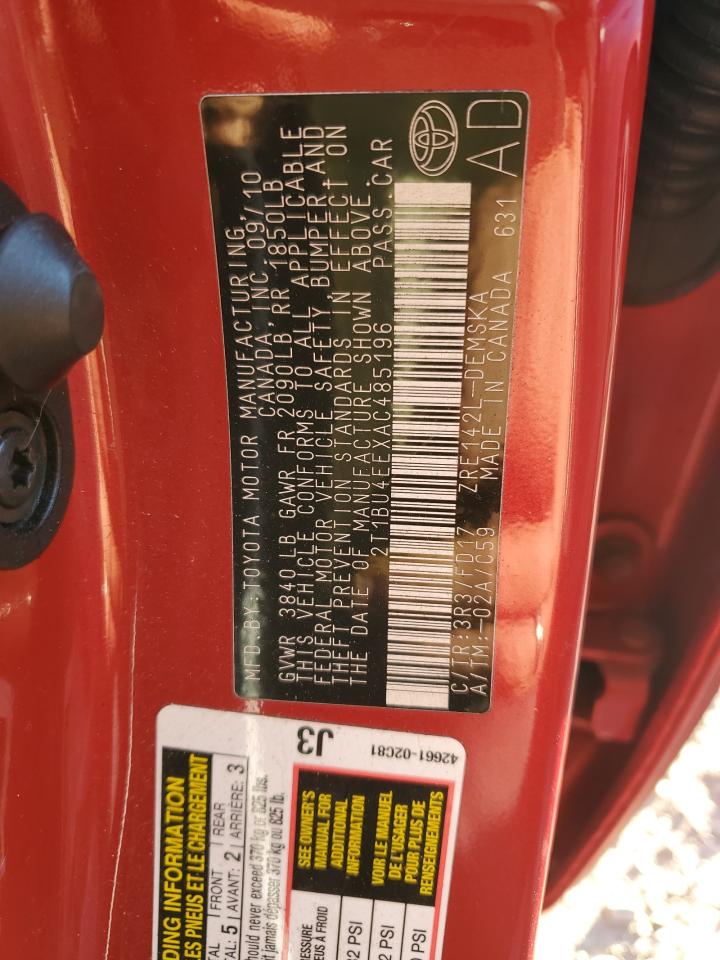 2010 Toyota Corolla VIN 2T1BU4EEXAC485196 Copart auction photo, front end damage thumbnail 12