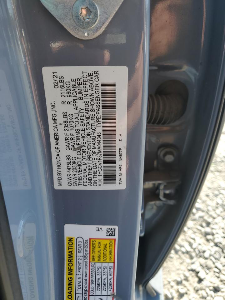 2021 Honda Accord VIN 1HGCV1F37MA044343 Copart auction photo, water/flood damage thumbnail 13