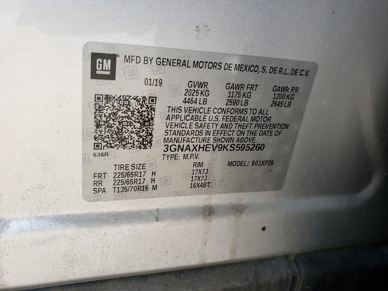 2019 Chevrolet Equinox VIN 3GNAXHEV9KS595260 Copart auction photo, front end damage thumbnail 12