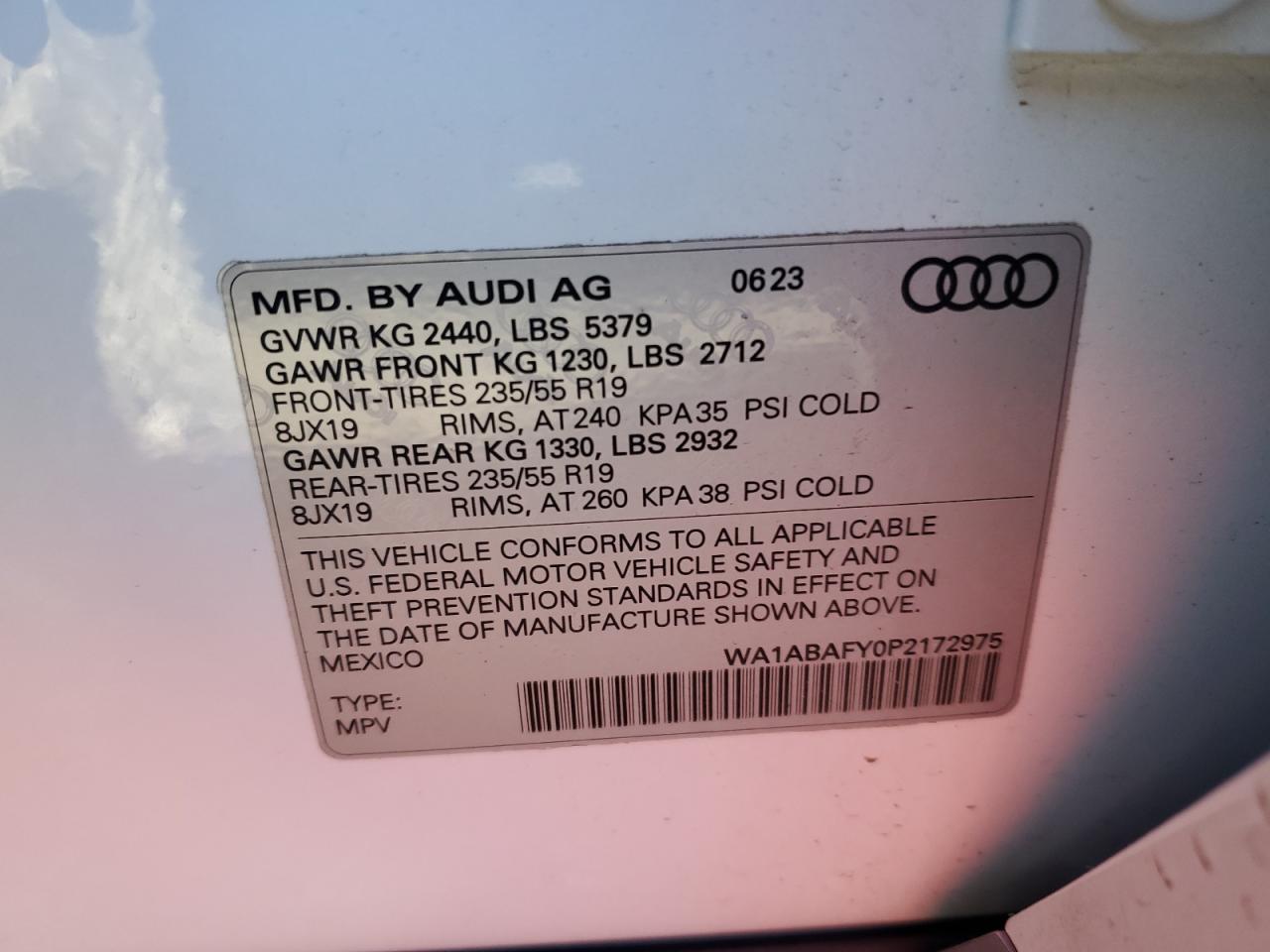 2023 Audi Q5 VIN WA1ABAFY0P2172975 Copart auction photo, rear end damage thumbnail 13
