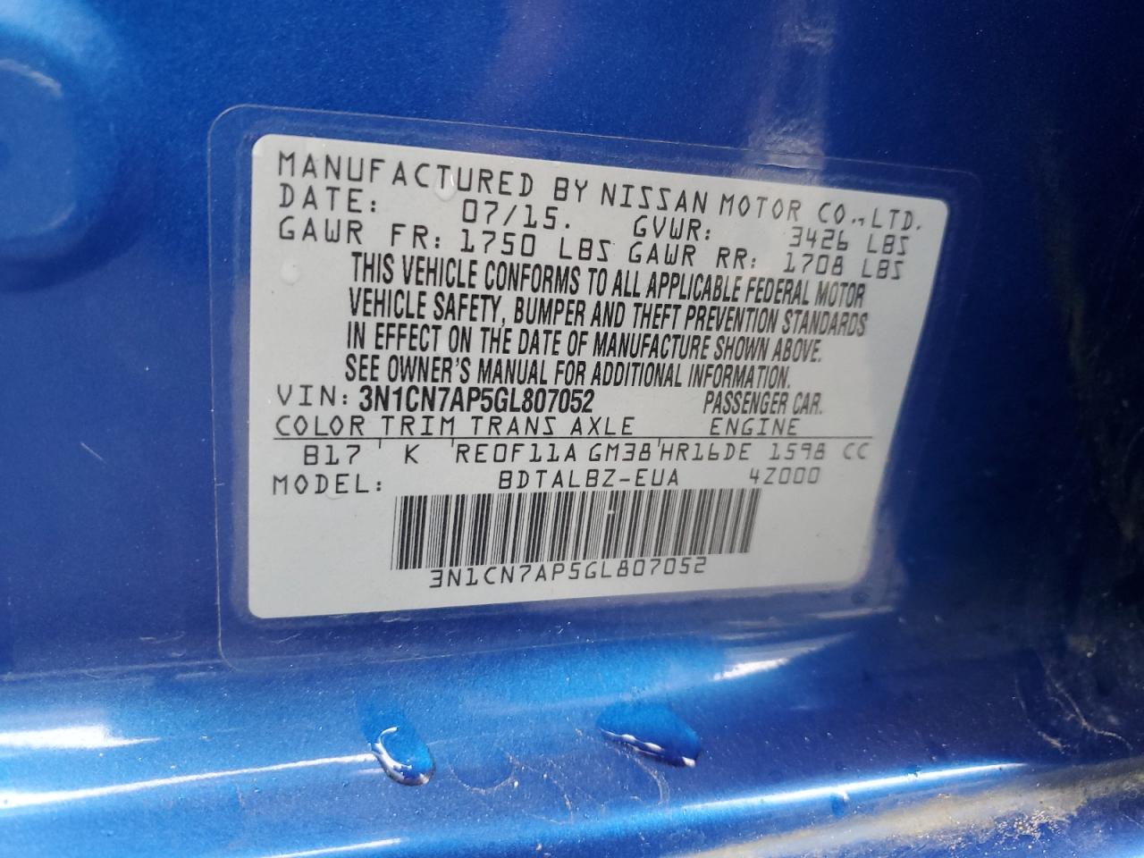 2016 Nissan Versa VIN 3N1CN7AP5GL807052 Copart auction photo, front end damage thumbnail 12