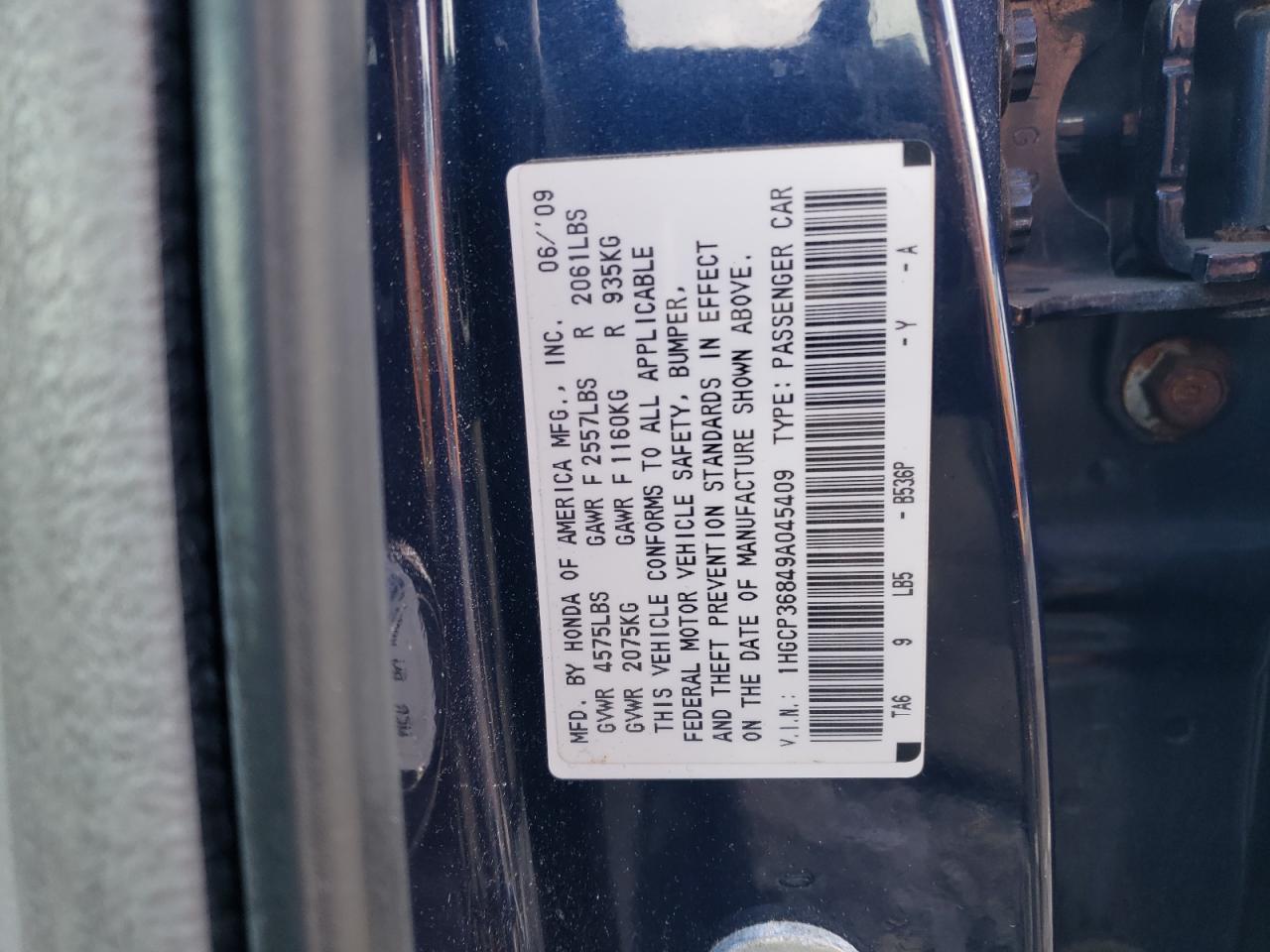 2009 Honda Accord VIN 1HGCP36849A045409 Copart auction photo, front end damage thumbnail 12