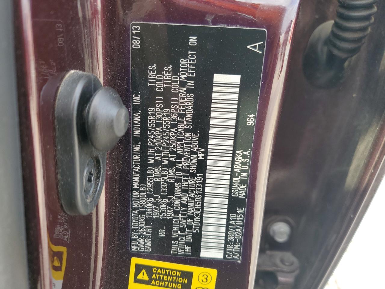 2013 Toyota Highlander VIN 5TDYK3EH5DS133191 Copart auction photo, side / front end damage thumbnail 13