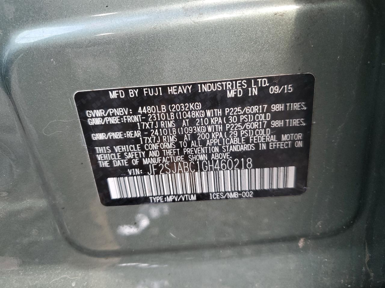 2016 Subaru Forester VIN JF2SJABC1GH460218 Copart auction photo, rear end damage thumbnail 13