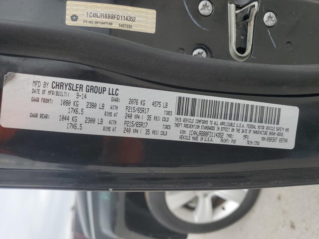 2015 Jeep Liberty (Patriot) VIN 1C4NJRBB8FD114352 Copart auction photo, all over / minor dent/scratches damage thumbnail 13