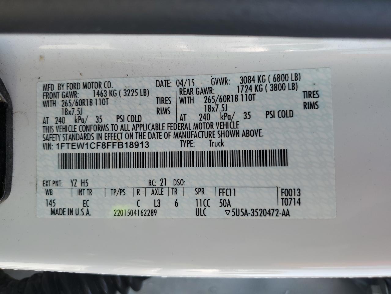 2015 Ford F-150 VIN 1FTEW1CF8FFB18913 Copart auction photo, side damage thumbnail 13