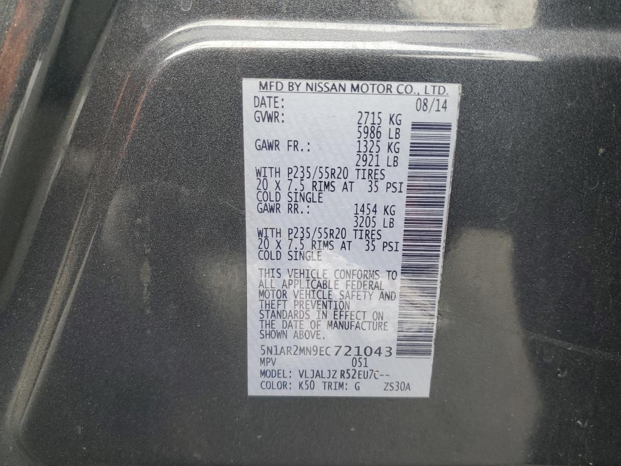2014 Nissan Pathfinder VIN 5N1AR2MN9EC721043 Copart auction photo, front end damage thumbnail 15