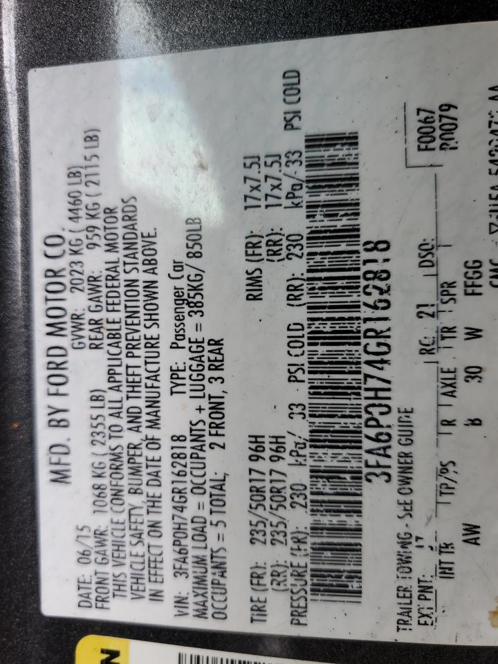 2016 Ford Fusion VIN 3FA6P0H74GR162818 Copart auction photo, front end damage thumbnail 12