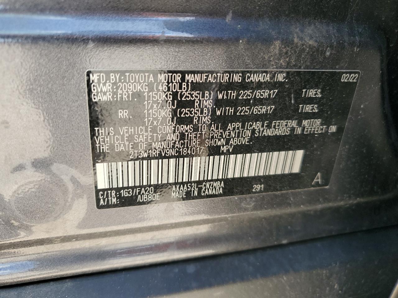 2022 Toyota RAV 4 VIN 2T3W1RFV9NC184017 Copart auction photo, rear end damage thumbnail 15
