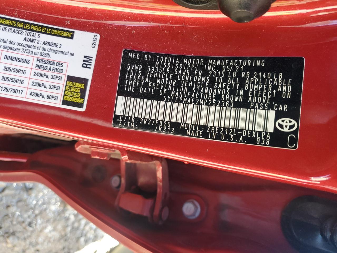 2021 Toyota Corolla VIN 5YFEPMAE2MP252363 Copart auction photo, front end damage thumbnail 13