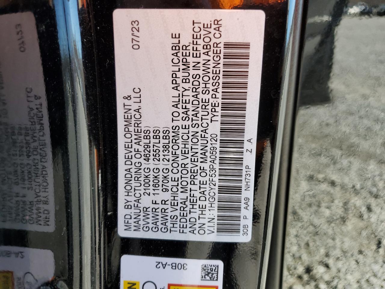 2023 Honda Accord VIN 1HGCY2F53PA059120 Copart auction photo, front end damage thumbnail 15