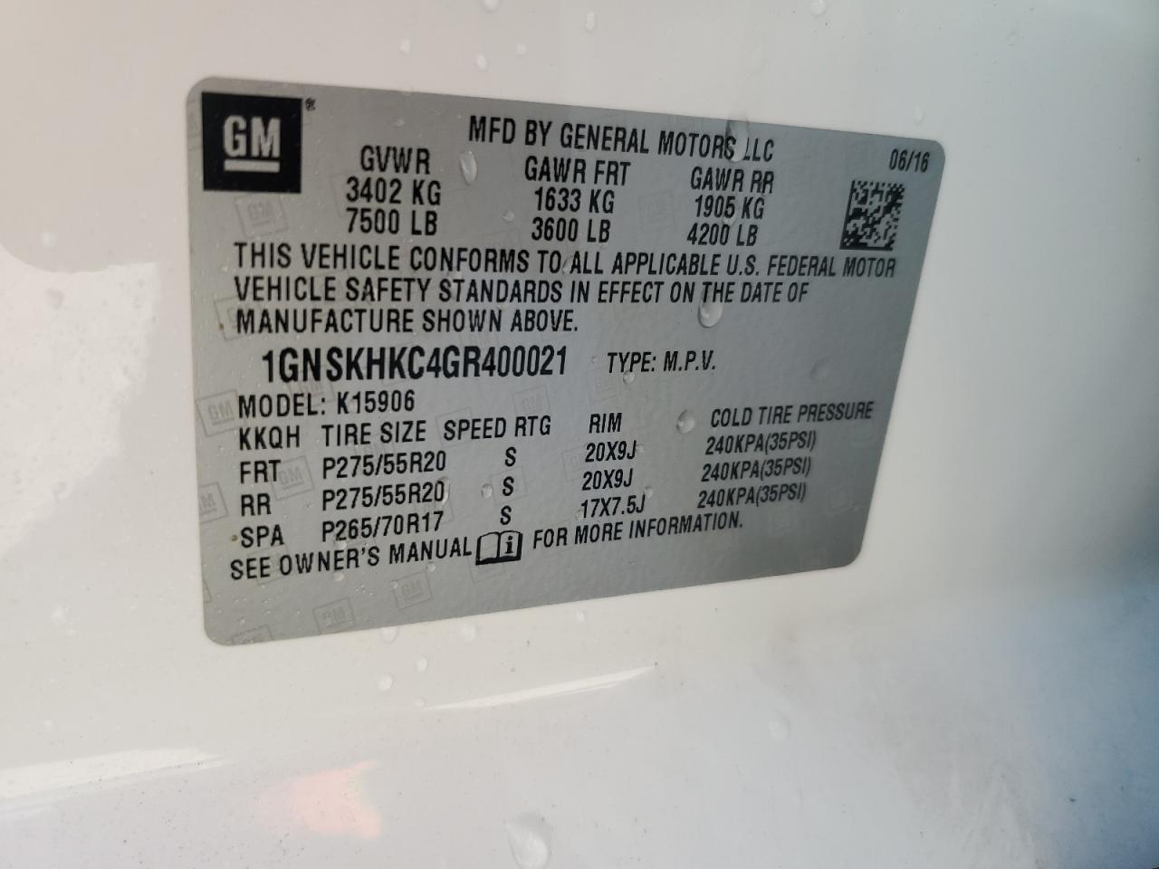 2016 Chevrolet Suburban VIN 1GNSKHKC4GR400021 Copart auction photo, water/flood damage thumbnail 14