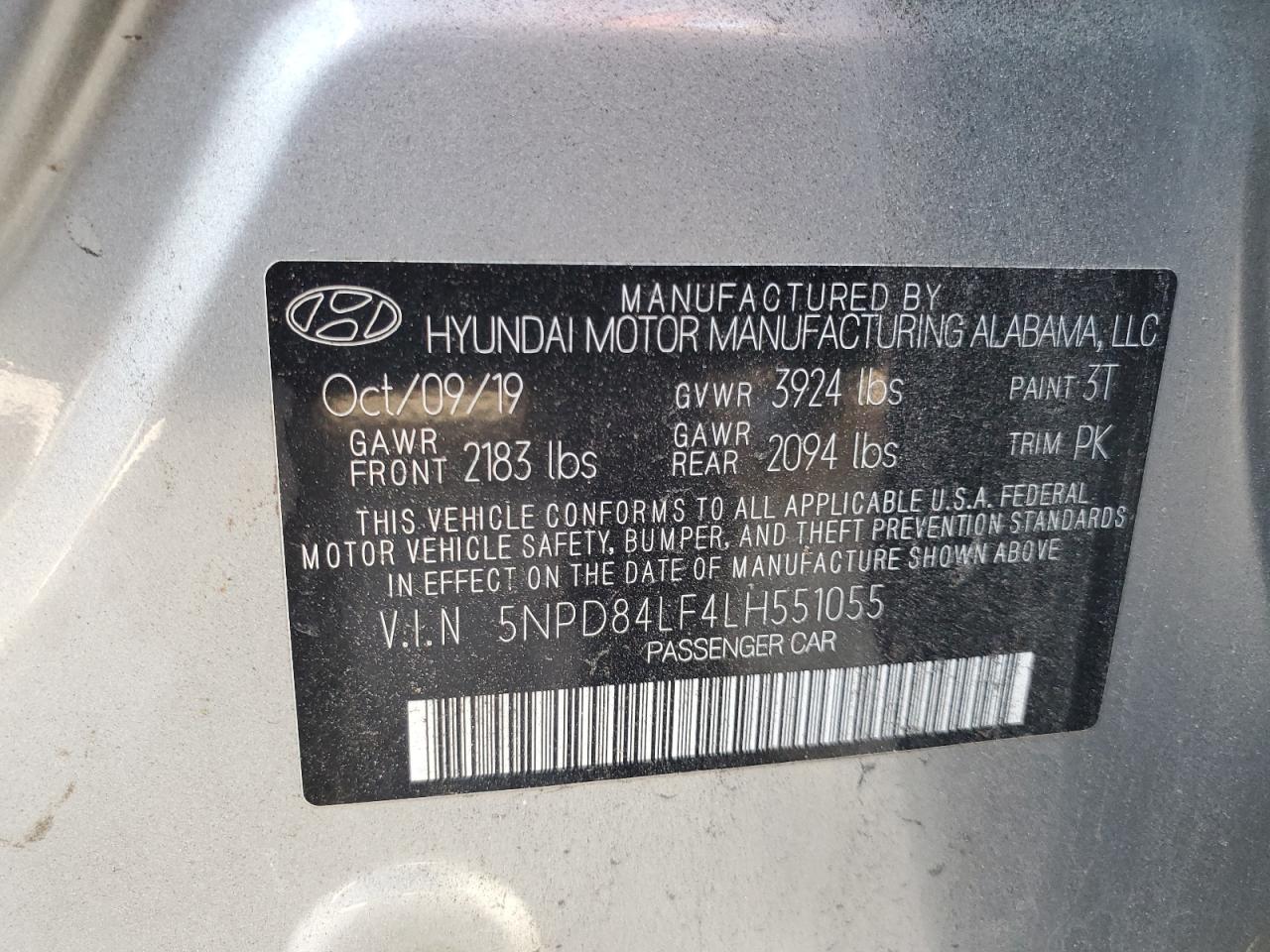 2020 Hyundai Elantra VIN 5NPD84LF4LH551055 Copart auction photo, front end / rear end damage thumbnail 12