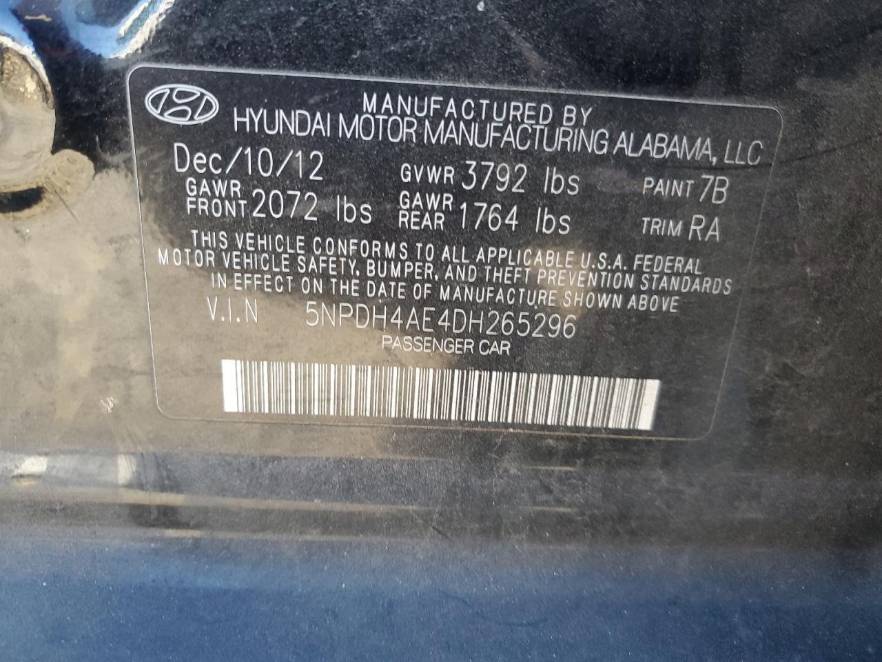 2013 Hyundai Elantra VIN 5NPDH4AE4DH265296 Copart auction photo, front end damage thumbnail 14