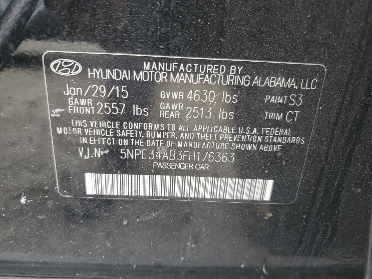 2015 Hyundai Sonata VIN 5NPE34AB3FH176363 Copart auction photo, rear end / side damage thumbnail 12