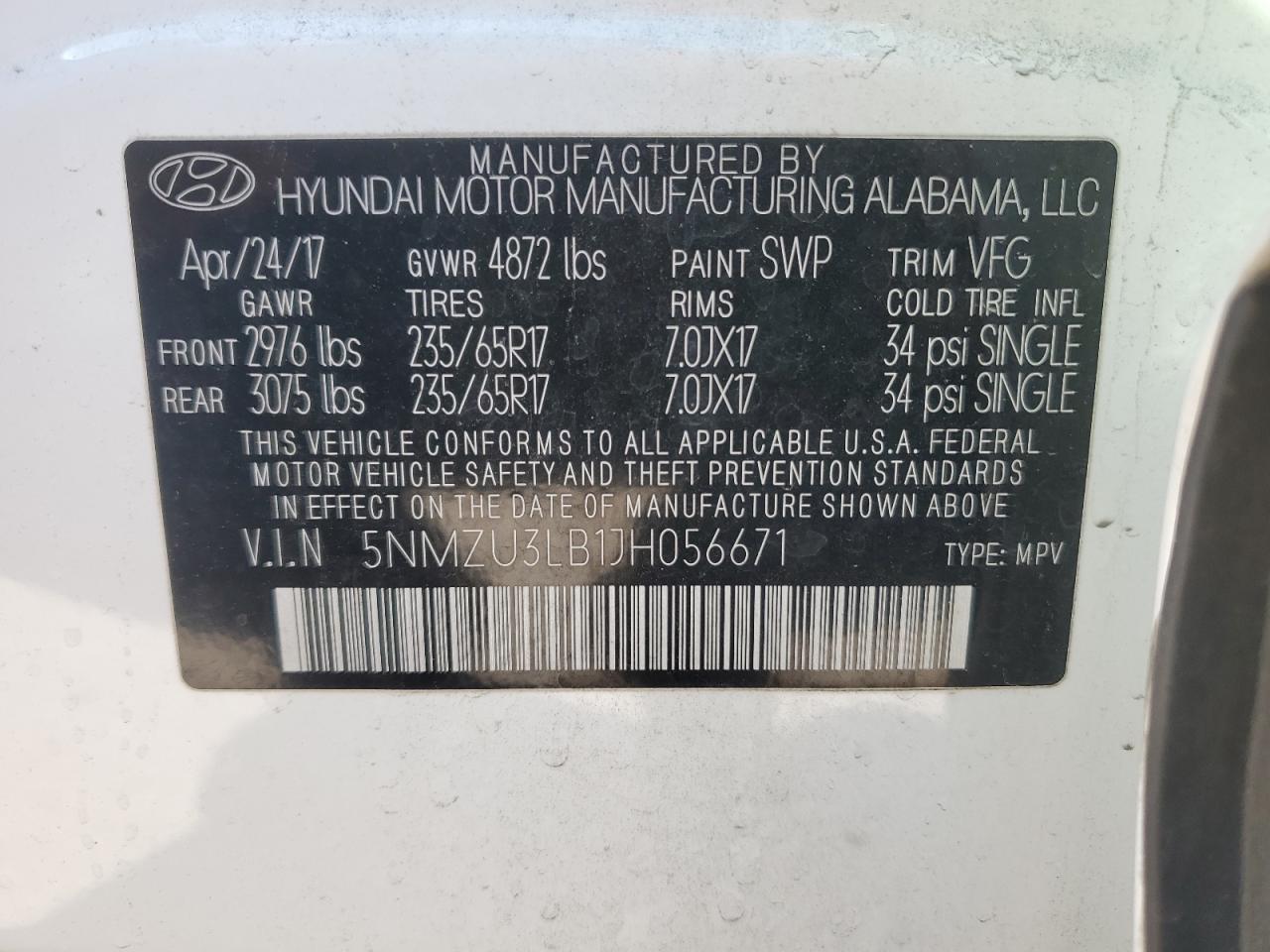 2018 Hyundai Santa Fe VIN 5NMZU3LB1JH056671 Copart auction photo, rear end / front end damage thumbnail 14