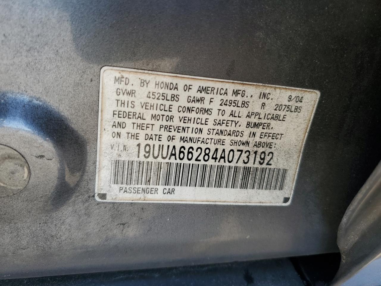 2004 Acura TL VIN 19UUA66284A073192 Copart auction photo, front end / side damage thumbnail 12