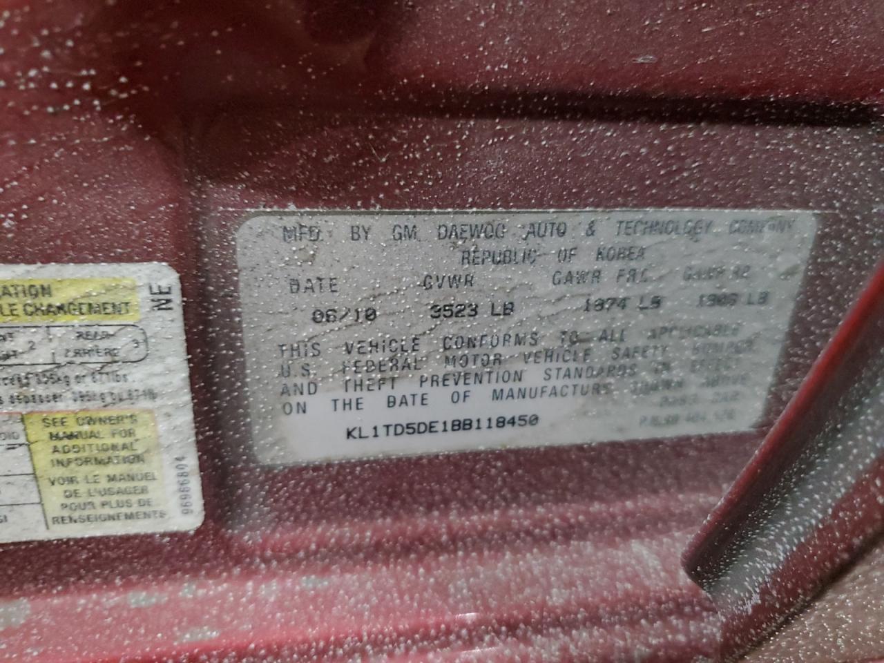 2011 Chevrolet Aveo VIN KL1TD5DE1BB118450 Copart auction photo, front end damage thumbnail 12