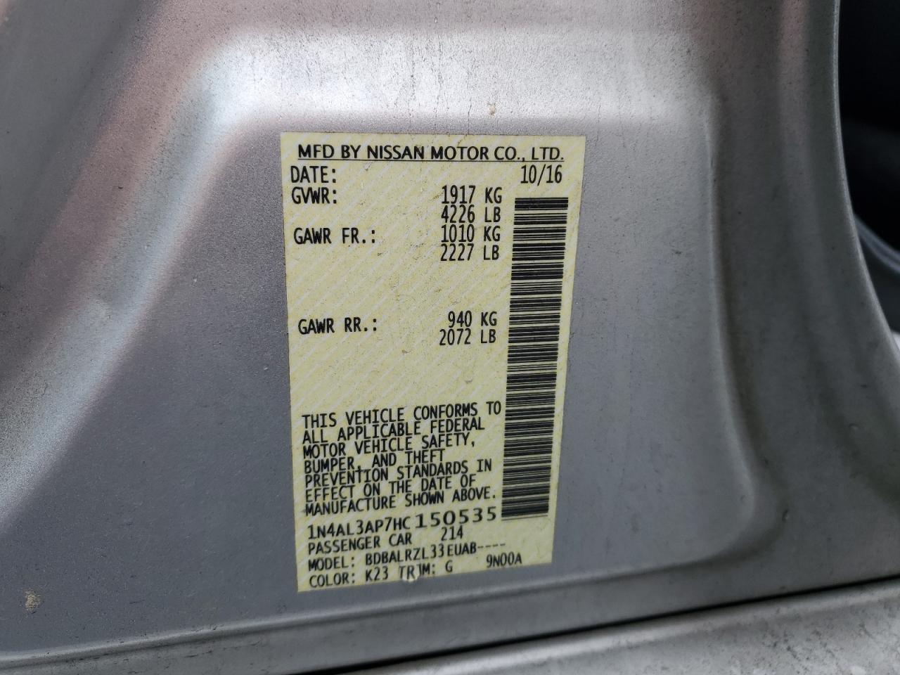 2017 Nissan Altima VIN 1N4AL3AP7HC150535 Copart auction photo, rear end damage thumbnail 13