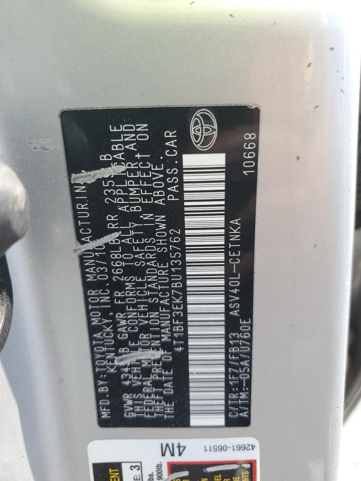 2011 Toyota Camry VIN 4T1BF3EK7BU135762 Copart auction photo, front end damage thumbnail 12
