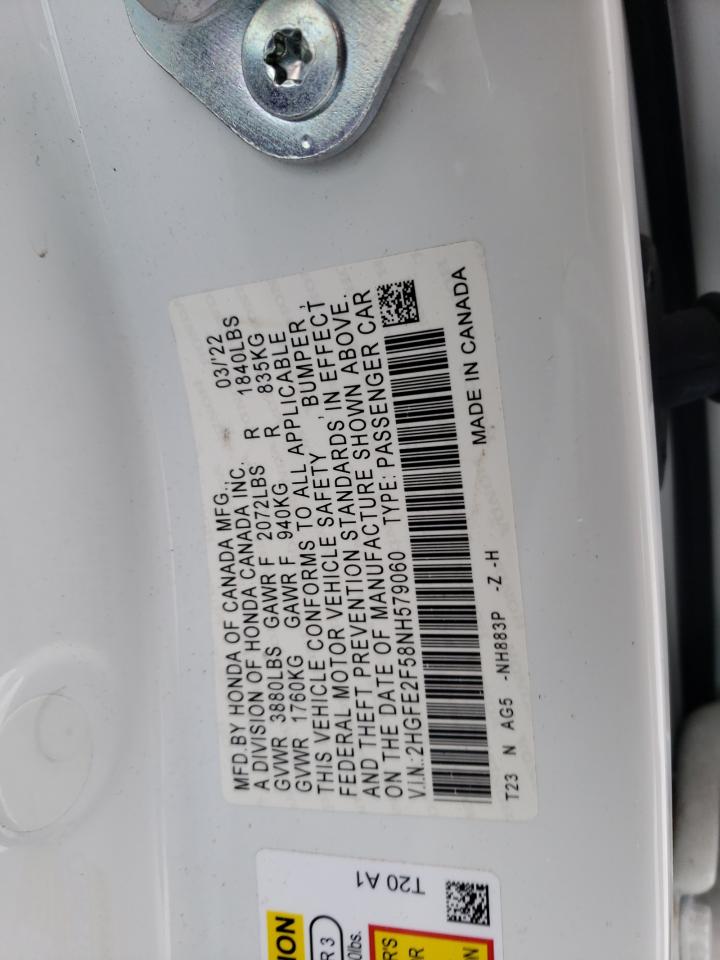 2022 Honda Civic VIN 2HGFE2F58NH579060 Copart auction photo, front end / minor dent/scratches damage thumbnail 12