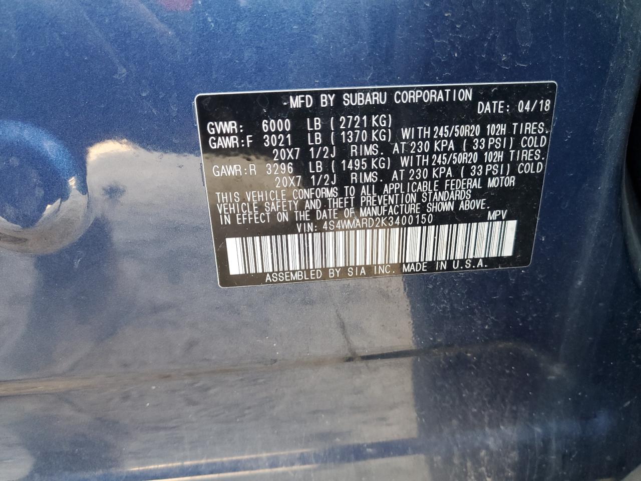 2019 Subaru Ascent VIN 4S4WMARD2K3400150 Copart auction photo, front end / side damage thumbnail 16