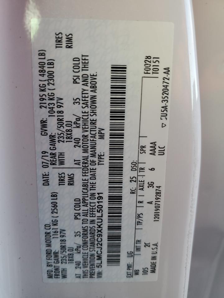 2019 Lincoln MKC VIN 5LMCJ2C9XKUL50191 Copart auction photo, side / rear end damage thumbnail 13
