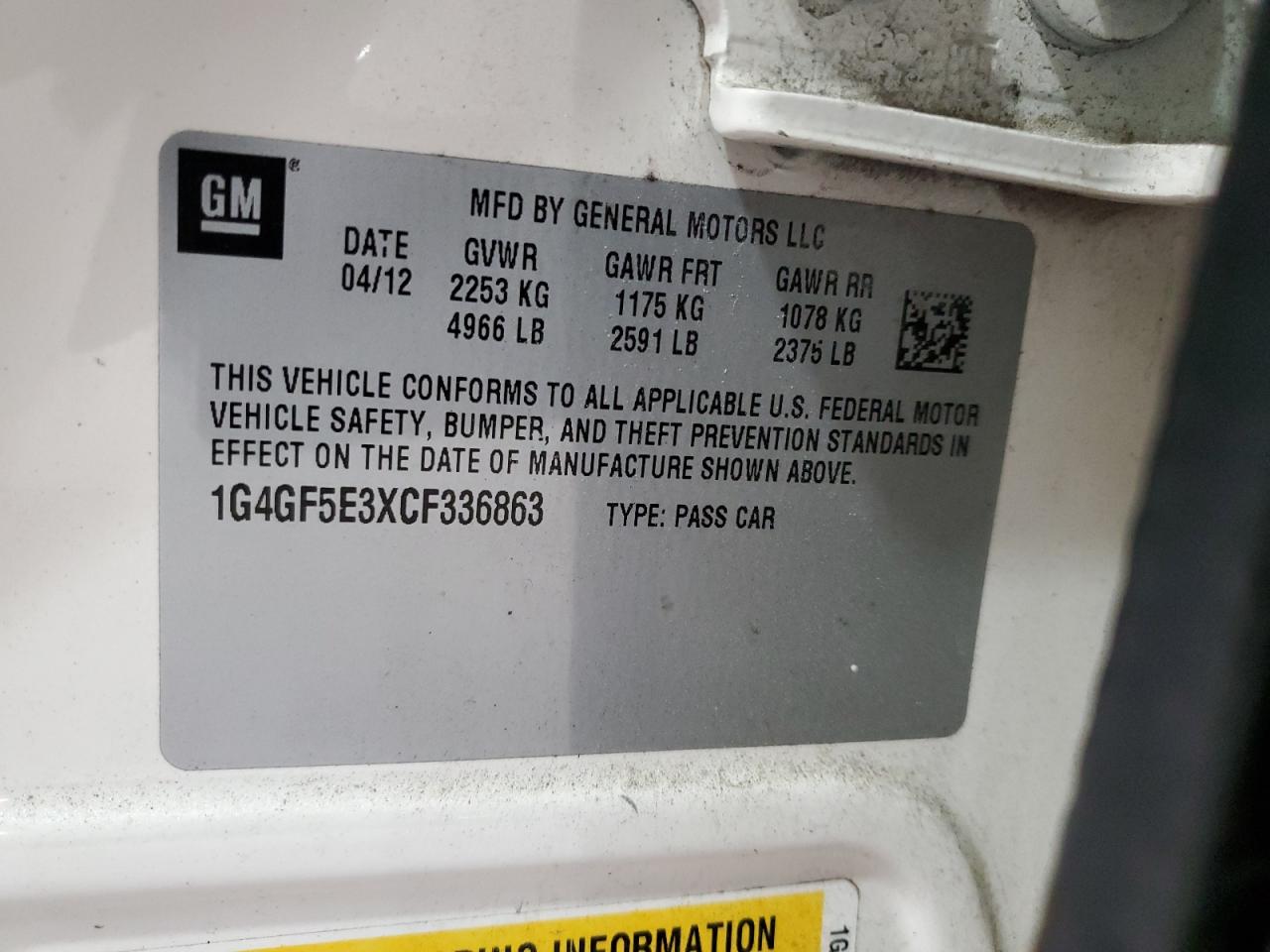 2012 Buick LaCrosse VIN 1G4GF5E3XCF336863 Copart auction photo, front end / undercarriage damage thumbnail 12