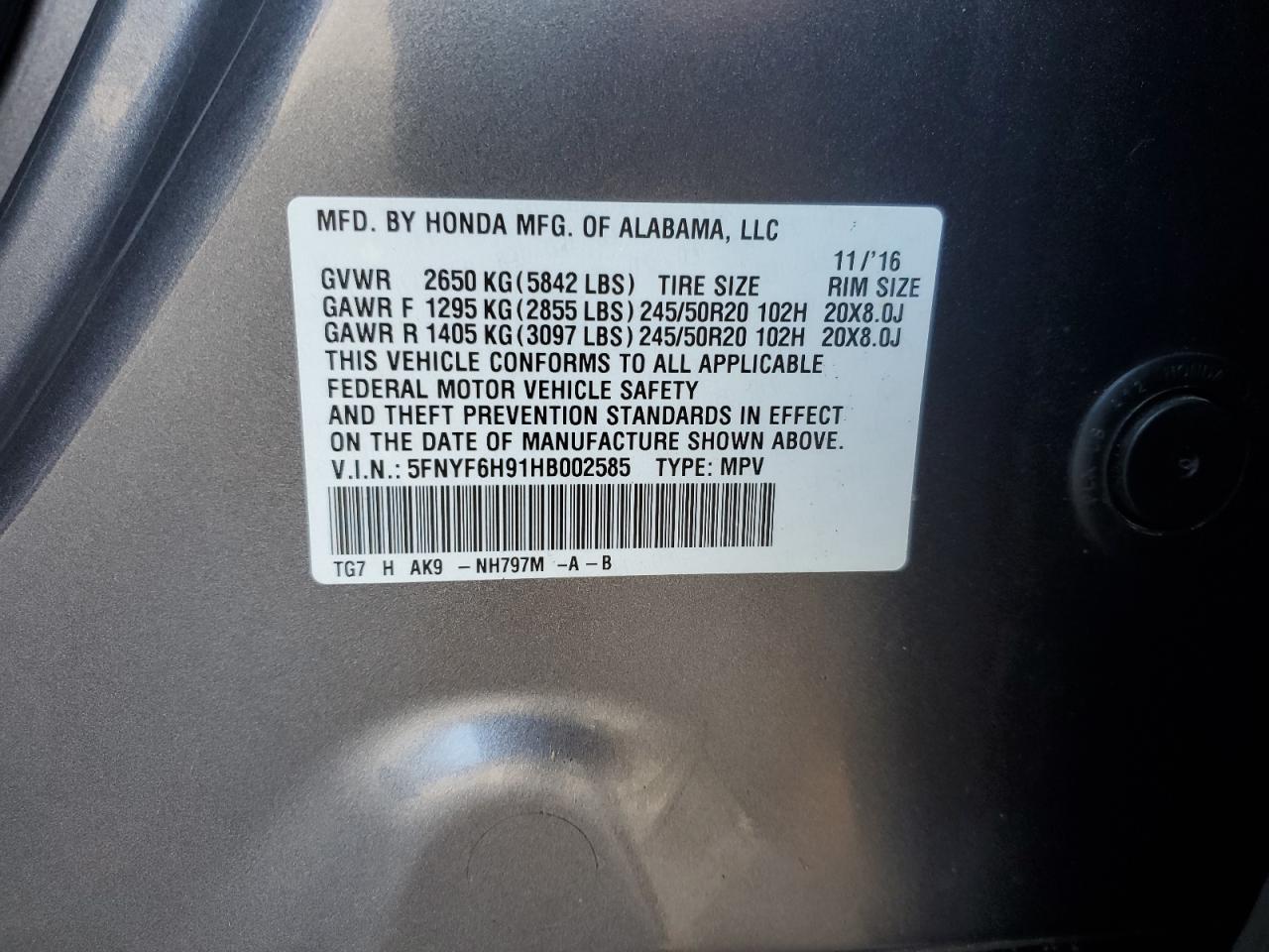 2017 Honda Pilot VIN 5FNYF6H91HB002585 Copart auction photo, front end / minor dent/scratches damage thumbnail 15