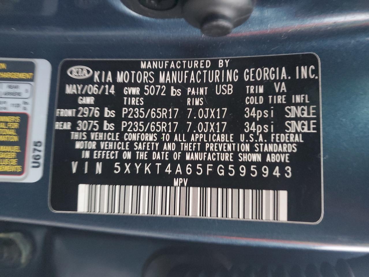 2015 KIA Sorento VIN 5XYKT4A65FG595943 Copart auction photo, front end / side damage thumbnail 13