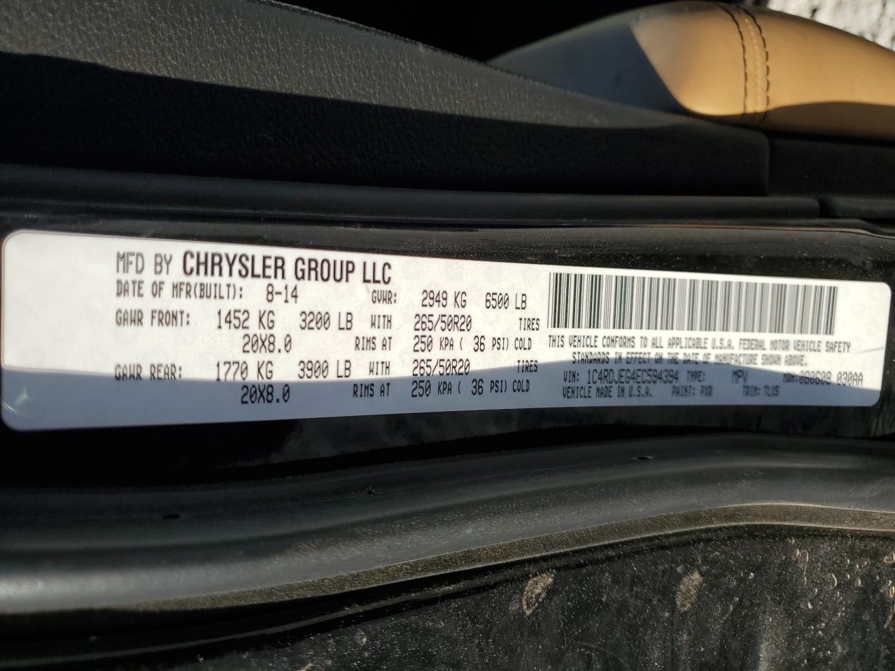 2014 Dodge Durango VIN 1C4RDJEG4EC594394 Copart auction photo, rollover / all over damage thumbnail 13