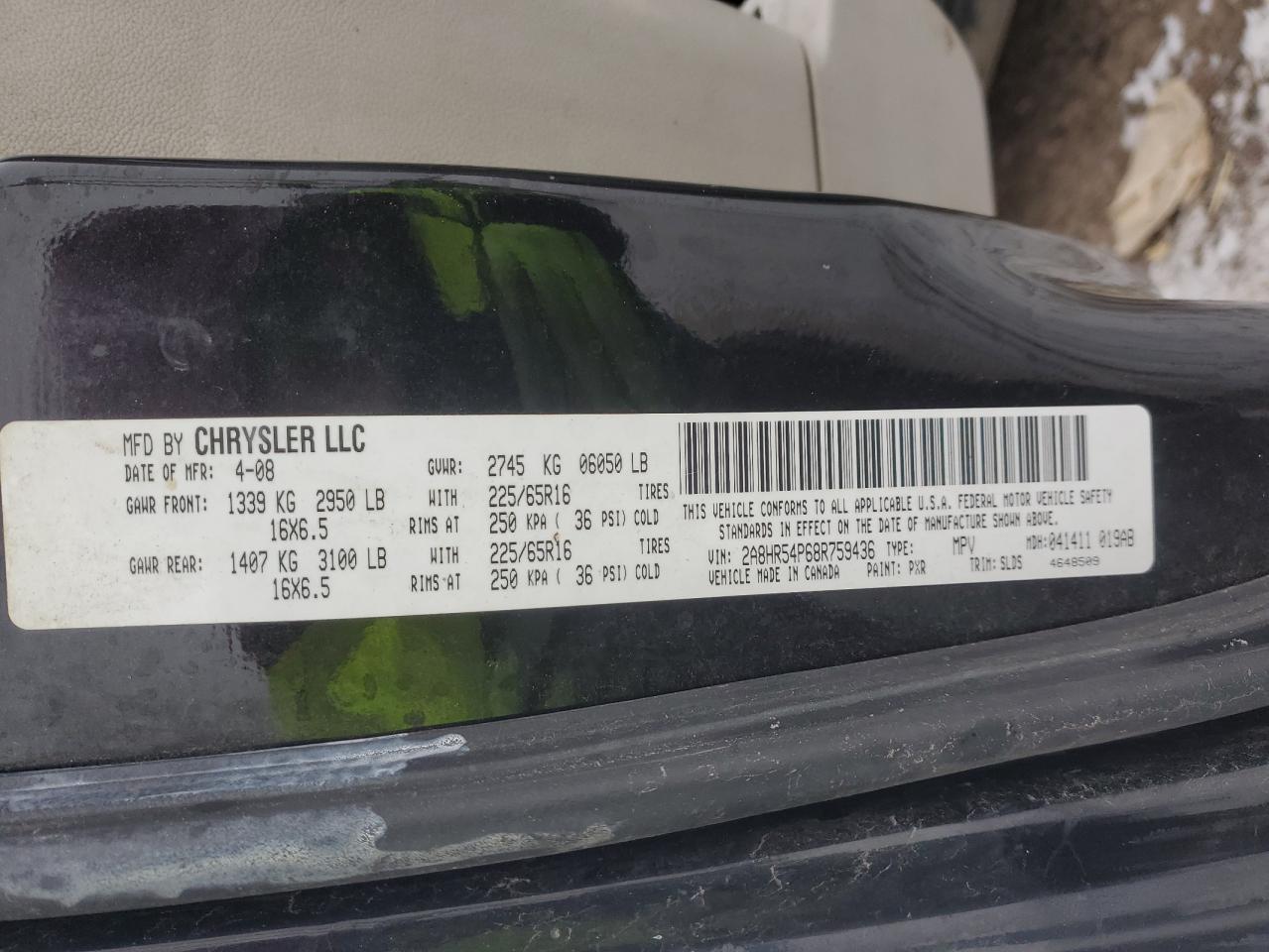 2008 Chrysler Town & Country VIN 2A8HR54P68R759436 Copart auction photo, all over / undercarriage damage thumbnail 15