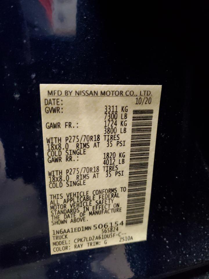2021 Nissan Titan VIN 1N6AA1ED1MN506154 Copart auction photo, side / rear end damage thumbnail 14