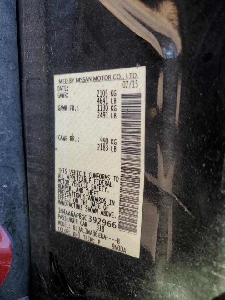 2016 Nissan Maxima VIN 1N4AA6AP8GC392966 Copart auction photo, side damage thumbnail 14