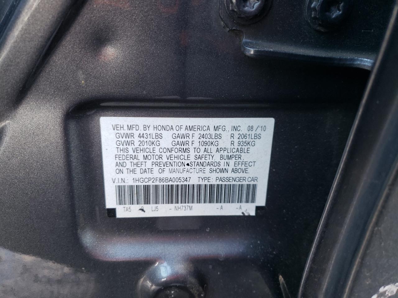 2011 Honda Accord VIN 1HGCP2F86BA005347 Copart auction photo, front end / rear end damage thumbnail 14