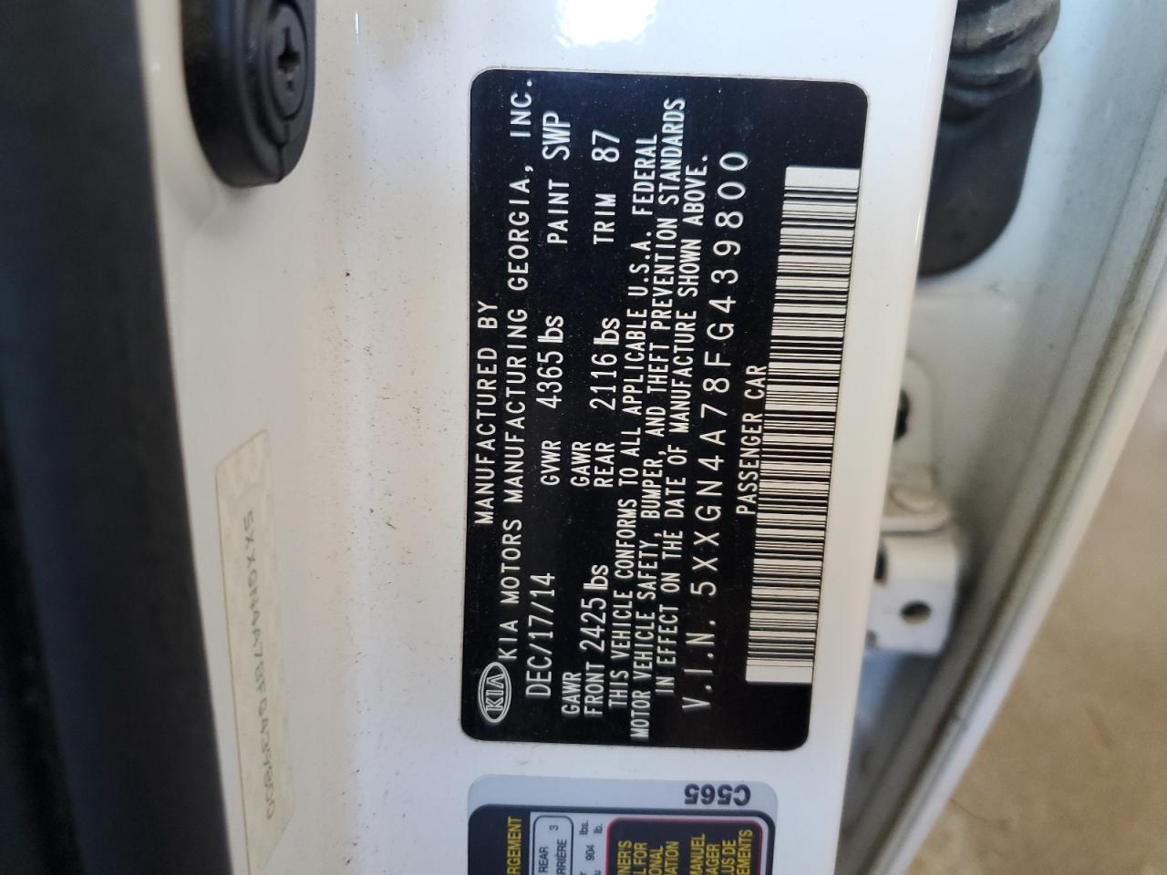 2015 KIA Optima VIN 5XXGN4A78FG439800 Copart auction photo, side damage thumbnail 12