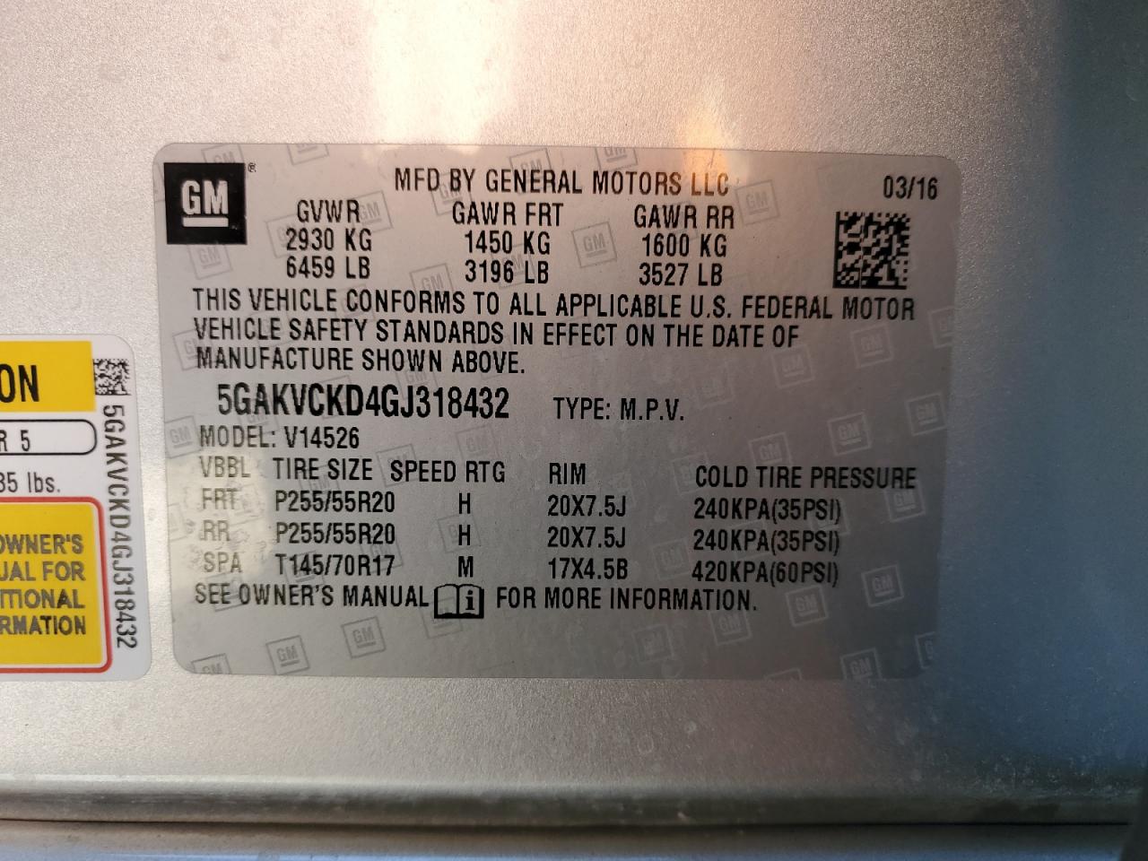 2016 Buick Enclave VIN 5GAKVCKD4GJ318432 Copart auction photo, rear end / side damage thumbnail 16