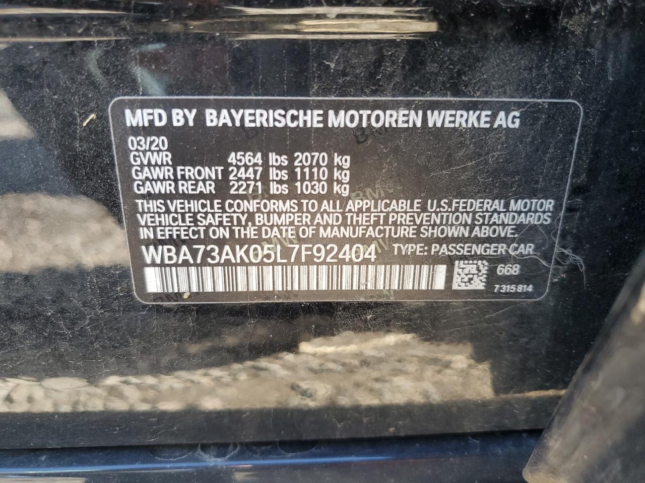 2020 BMW 2er VIN WBA73AK05L7F92404 Copart auction photo, front end damage thumbnail 13