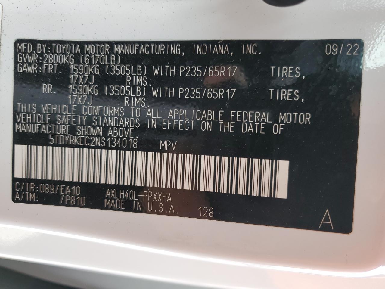 2022 Toyota Sienna VIN 5TDYRKEC2NS134018 Copart auction photo, rear end damage thumbnail 14