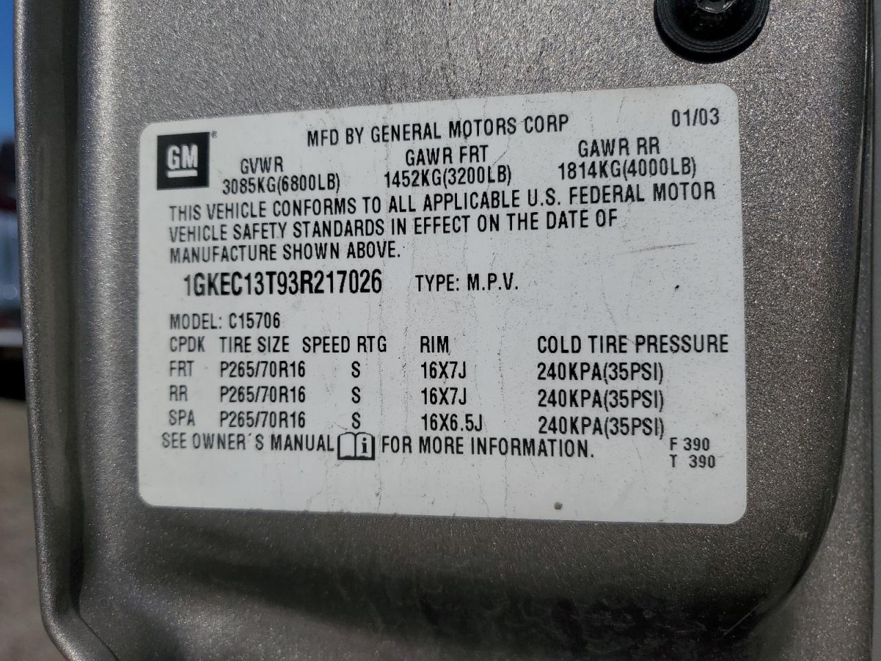 2003 GMC Yukon VIN 1GKEC13T93R217026 Copart auction photo, minor dent/scratches / minor dent/scratches damage thumbnail 12