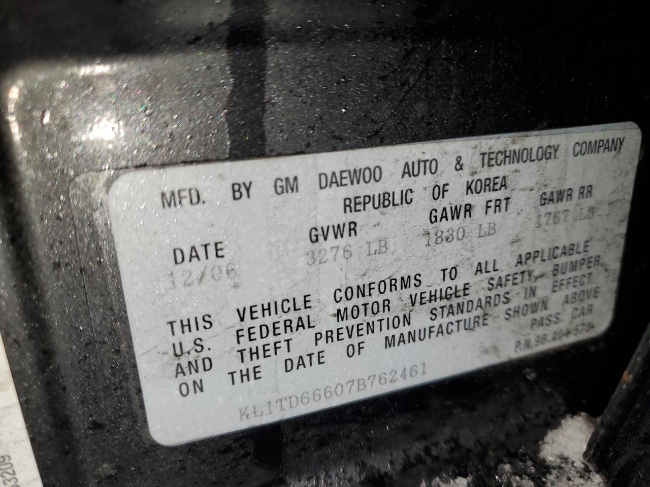 2007 Chevrolet Aveo VIN KL1TD66607B762461 Copart auction photo, undercarriage / all over damage thumbnail 12