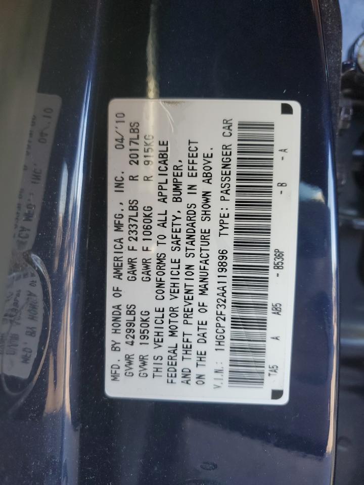 2010 Honda Accord VIN 1HGCP2F32AA119896 Copart auction photo, front end damage thumbnail 13