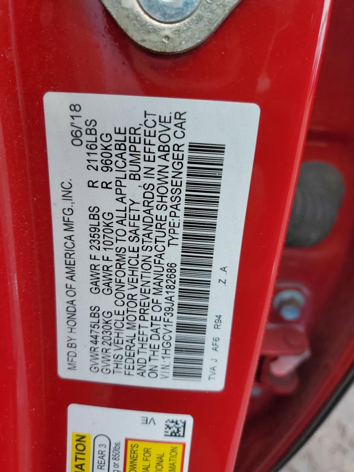2018 Honda Accord VIN 1HGCV1F39JA182686 Copart auction photo, side / front end damage thumbnail 12