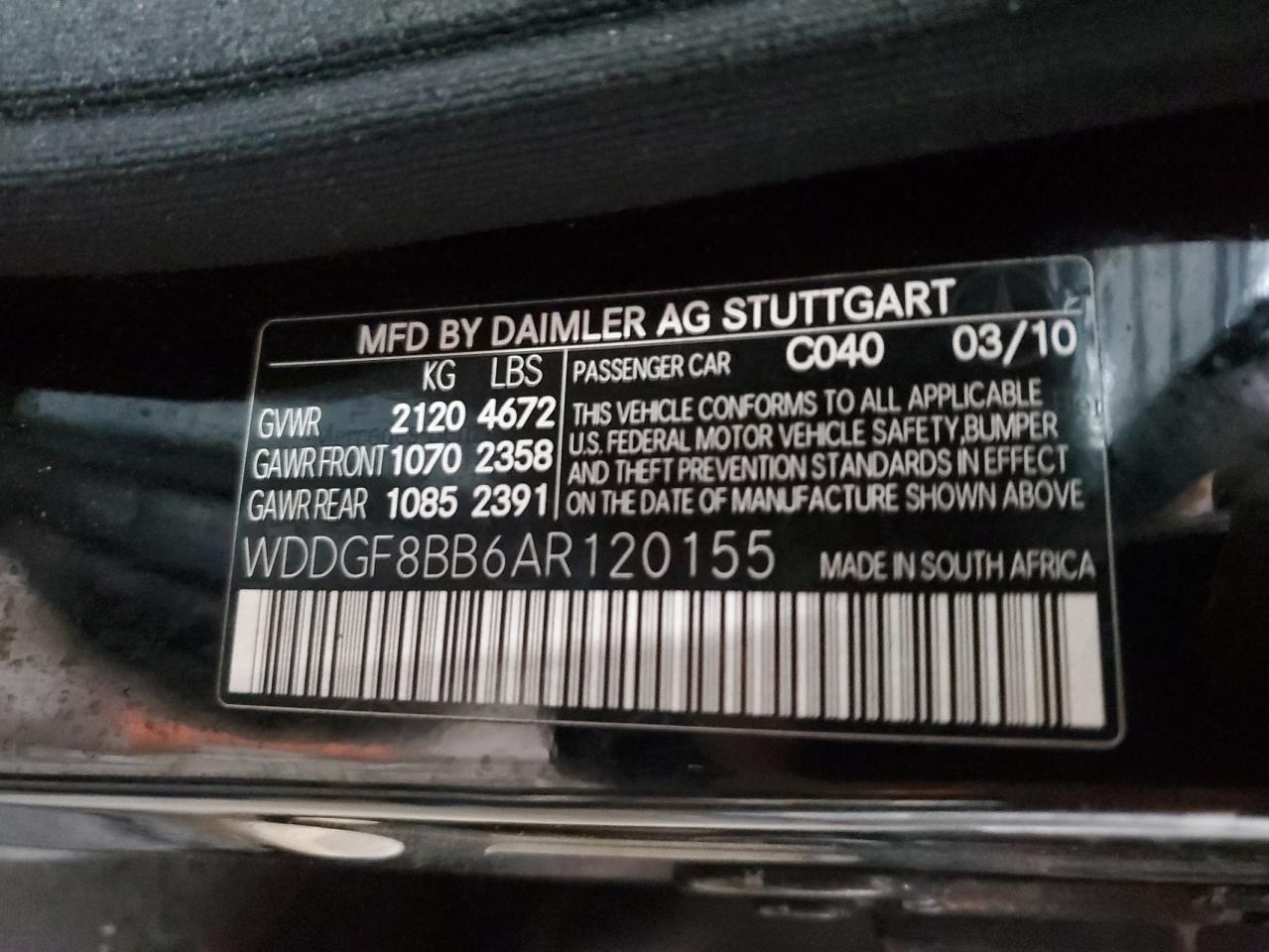 2010 Mercedes-Benz C-klasse VIN WDDGF8BB6AR120155 Copart auction photo, front end damage thumbnail 12