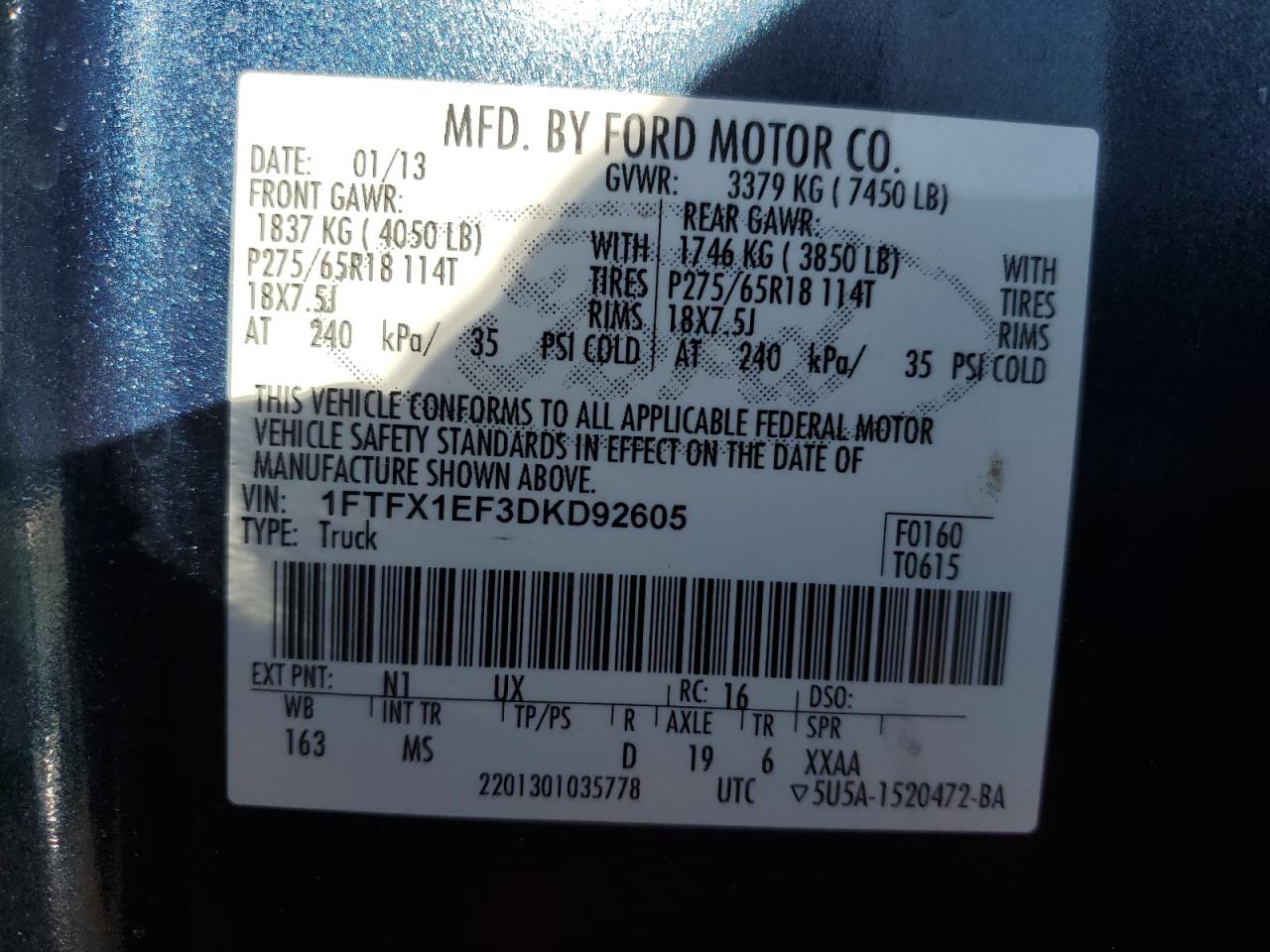 2013 Ford F-150 VIN 1FTFX1EF3DKD92605 Copart auction photo, front end / side damage thumbnail 15