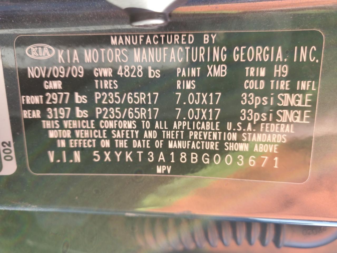 2011 KIA Sorento VIN 5XYKT3A18BG003671 Copart auction photo, front end damage thumbnail 13