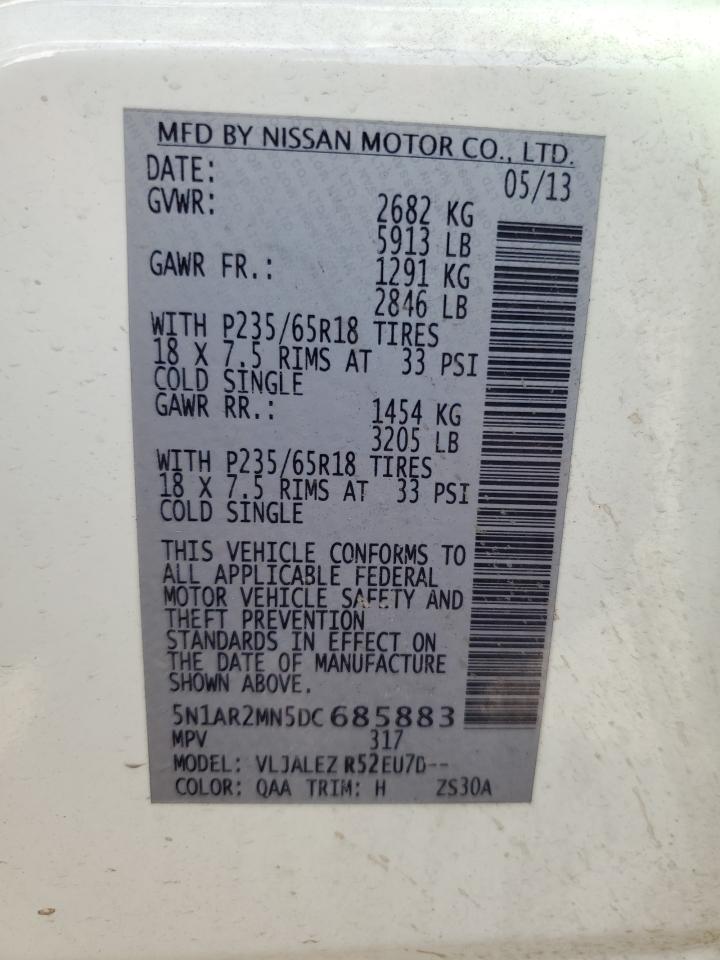 2013 Nissan Pathfinder VIN 5N1AR2MN5DC685883 Copart auction photo, rear end damage thumbnail 13