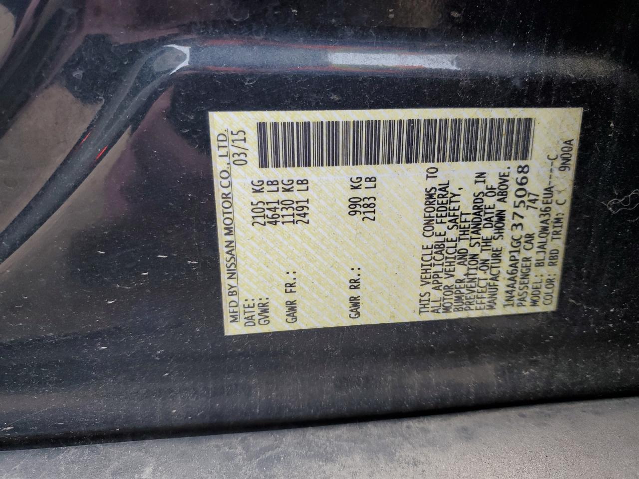 2016 Nissan Maxima VIN 1N4AA6AP1GC375068 Copart auction photo, front end damage thumbnail 14