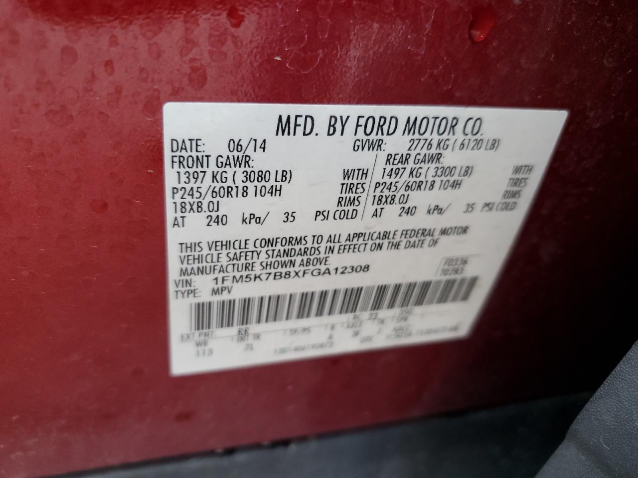 2015 Ford Explorer VIN 1FM5K7B8XFGA12308 Copart auction photo, front end damage thumbnail 13