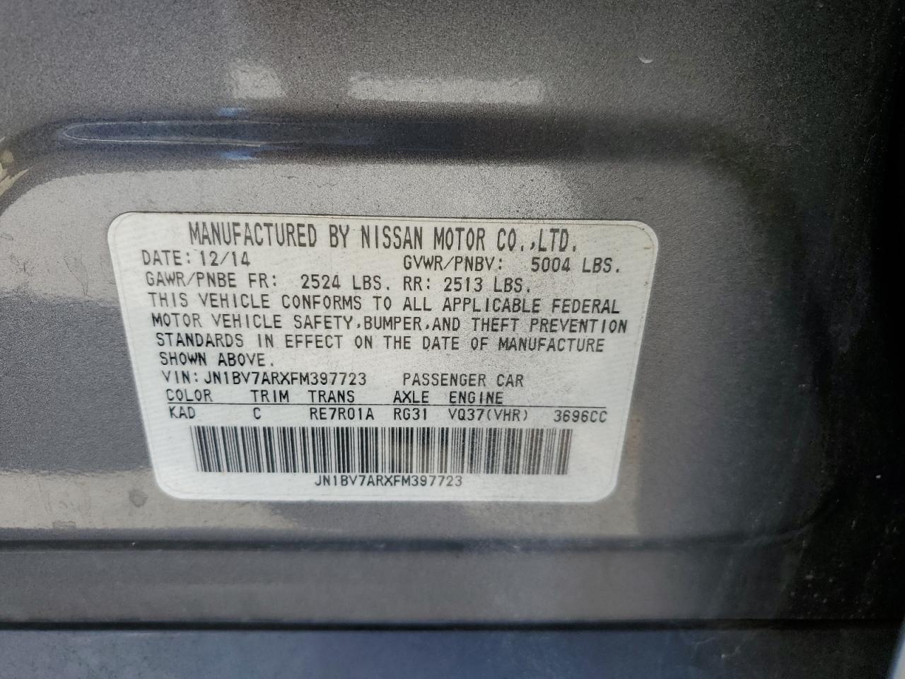 2015 Infiniti Q50 VIN JN1BV7ARXFM397723 Copart auction photo, front end damage thumbnail 14